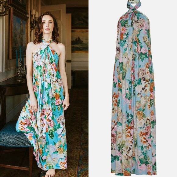 Cara Cara Marion Dress Twisted Open-Back Floral Halter Silk Chiffon Maxi Size XL - Picture 12 of 13